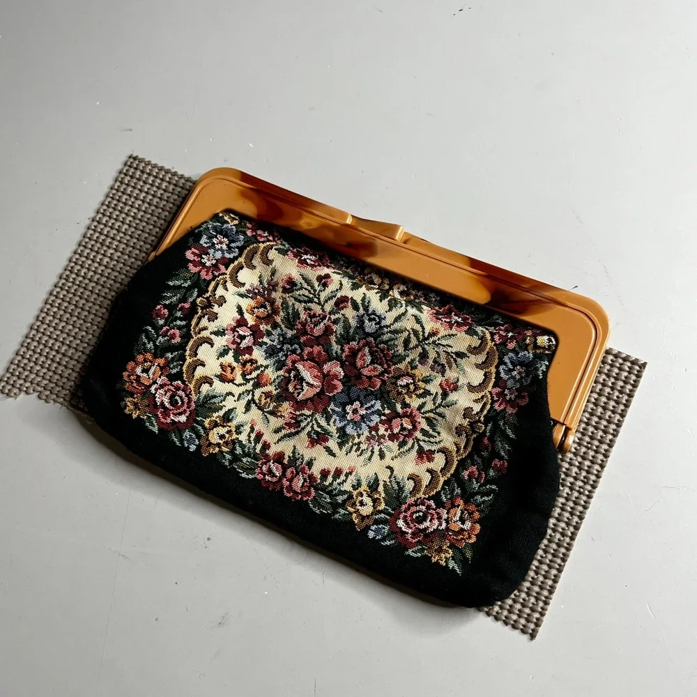 Vintage Floral Tapestry Clutch Bag Faux Tortoiseshell Lucite Frame Hong Kong